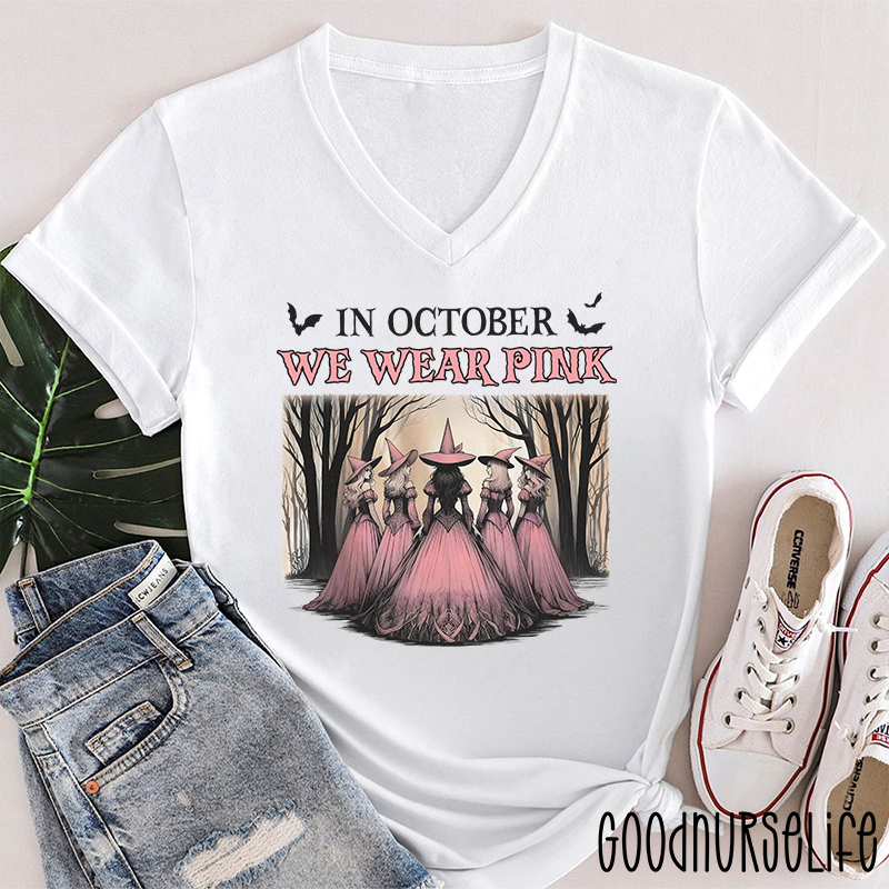 October Pink Witches Nurse Female V-Neck T-Shirt