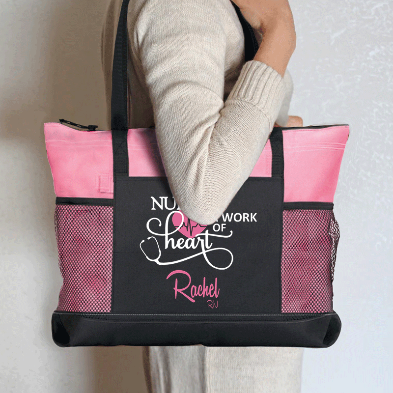 Personalized Name Nursing Is A Work Of Heart Nurse Zip Tote Bag