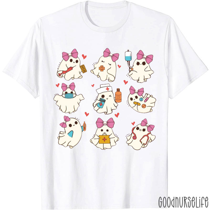 Cute Ghost With Pink Bow Tie Nurse T-Shirt