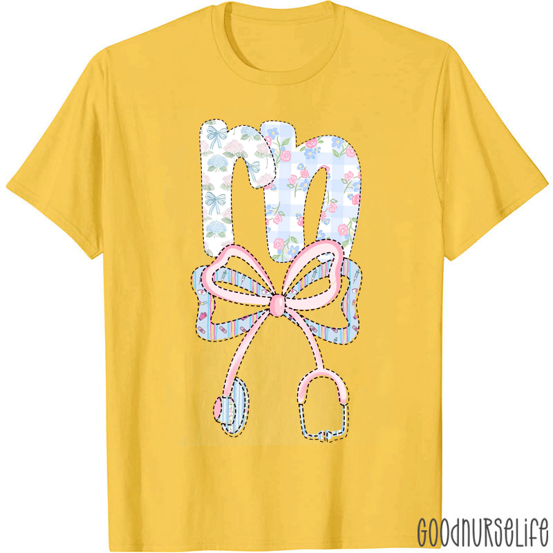 Personalized Pink And Blue Stethoscope Bow Tie Flower Print Nurse T-Shirt