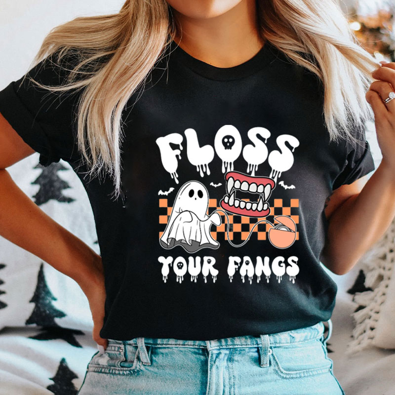Halloween Chessboard Ghost Floss Your Fangs T-Shirt