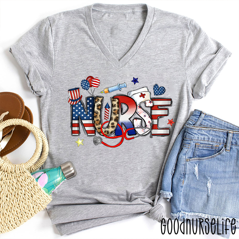 Independence Day Nurse Female V-Neck T-Shirt
