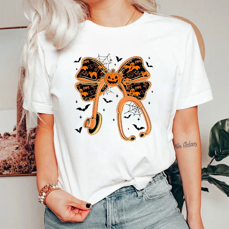 Halloween Spider Ghost And Pumpkin Bow Stethoscope Nurse T-Shirt