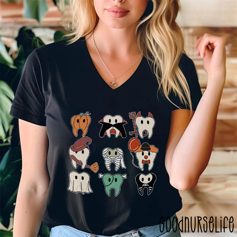 Halloween Tooth Queue Dental  Female V-Neck T-Shirt