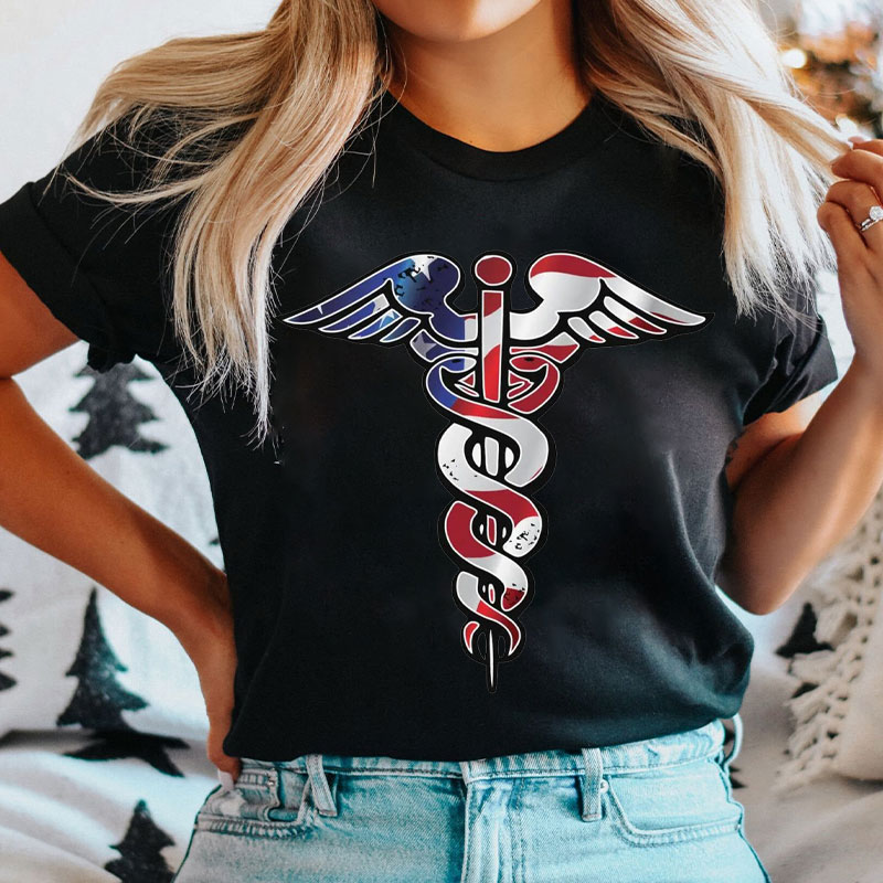 USA Flag Caduceus Medical Symbol Nurse T-Shirt