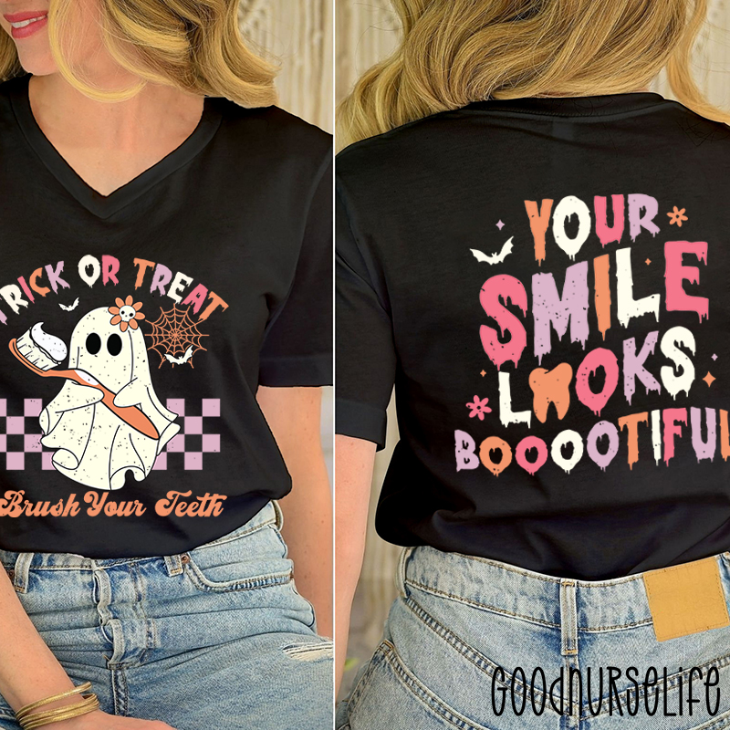 Trick Or Treat Brush Your Teeth Dentist Halloween Female V-Neck Two Sided T-Shirt