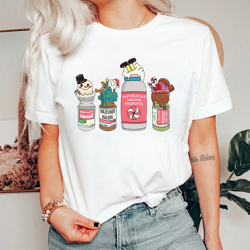 Festive Anesthesia Drugs As Holiday Drinks Nurse T-Shirt