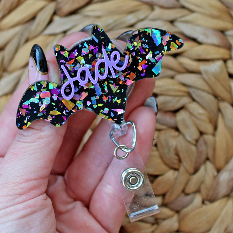 Personalized Holographic Glitter Bat Halloween Badge Reel