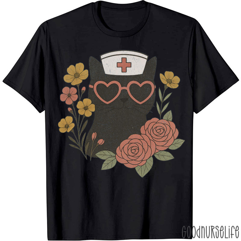 Floral Black Cat Nurse T-shirt