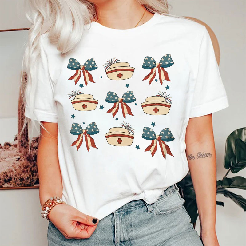 American Independence Day Flag Bow Nurse T-shirt