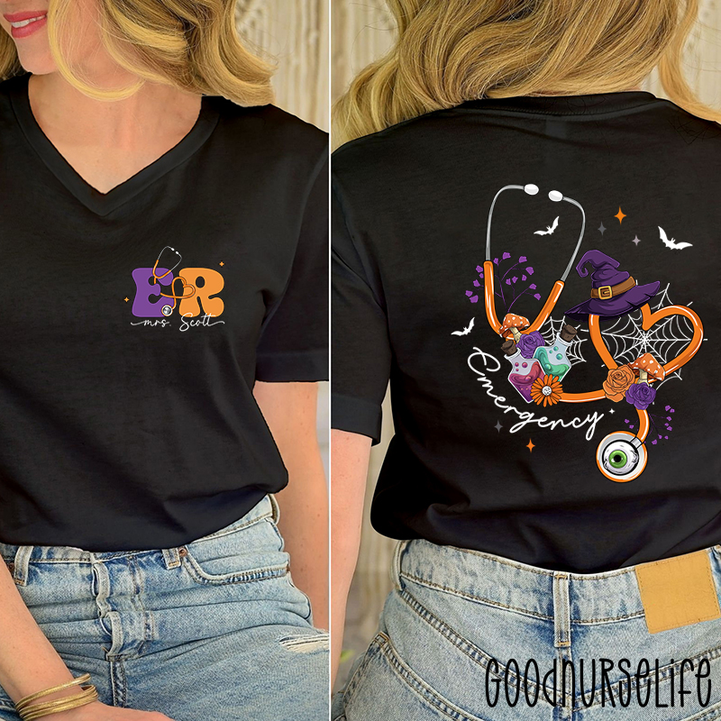 Personalized Halloween Stethoscope Emergency Female V-Neck Two Sided T-Shirt