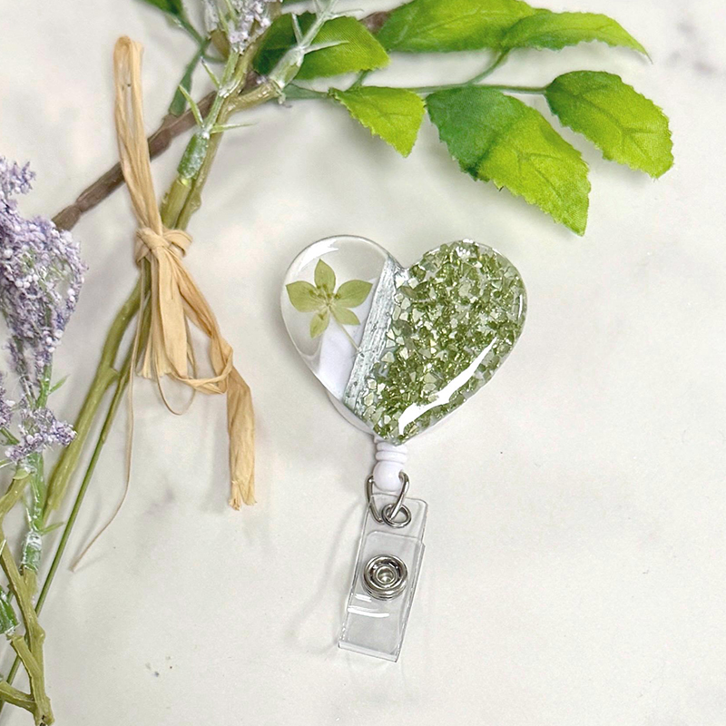 Personalized Name Pressed Flower Heart Nurse Badge Reel