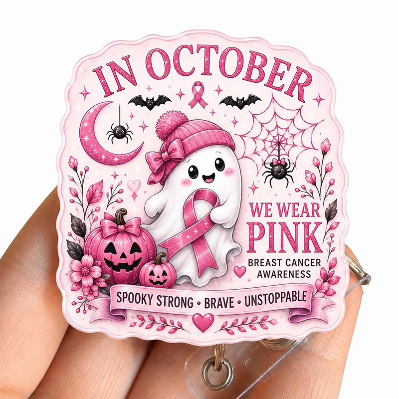In October We Wear Pink Cute Ghost Pumpkin Halloween Glitter Acrylic Badge Reel