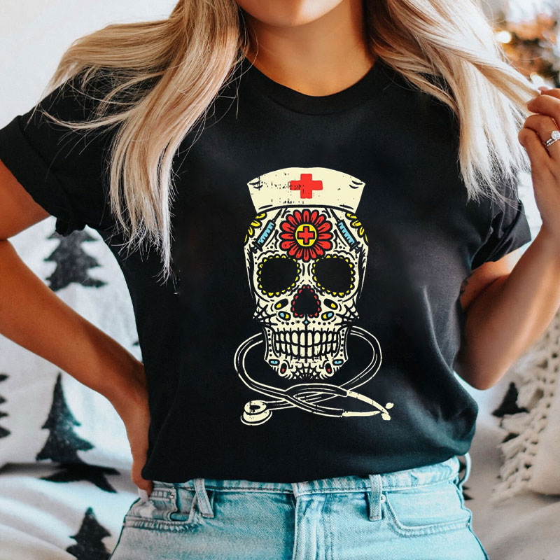 Skull With Stethoscope Nurse T-Shirt