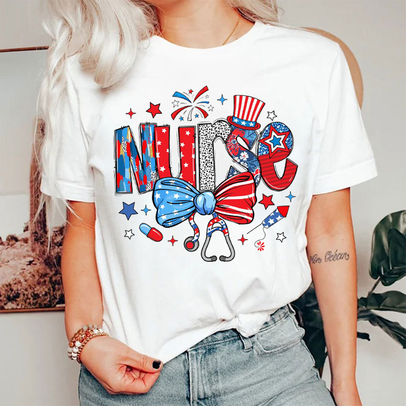 4th Of July White Red And Blue Nurse T-Shirt