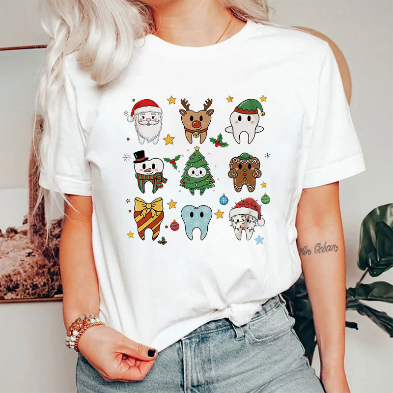 Dental Christmas Whimsy Tooth Characters In Holiday Costumes T-Shirt