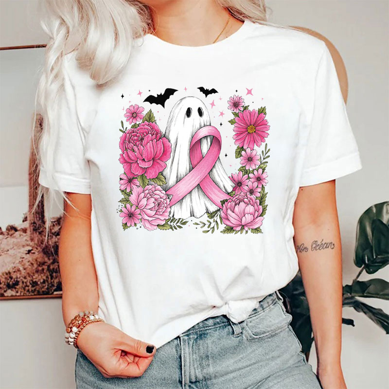 Ghost With Pink Ribbon And Flowers Nurse T-Shirt