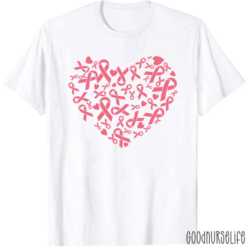 Pink Ribbon Heart For Breast Cancer Awareness Nurse T-Shirt