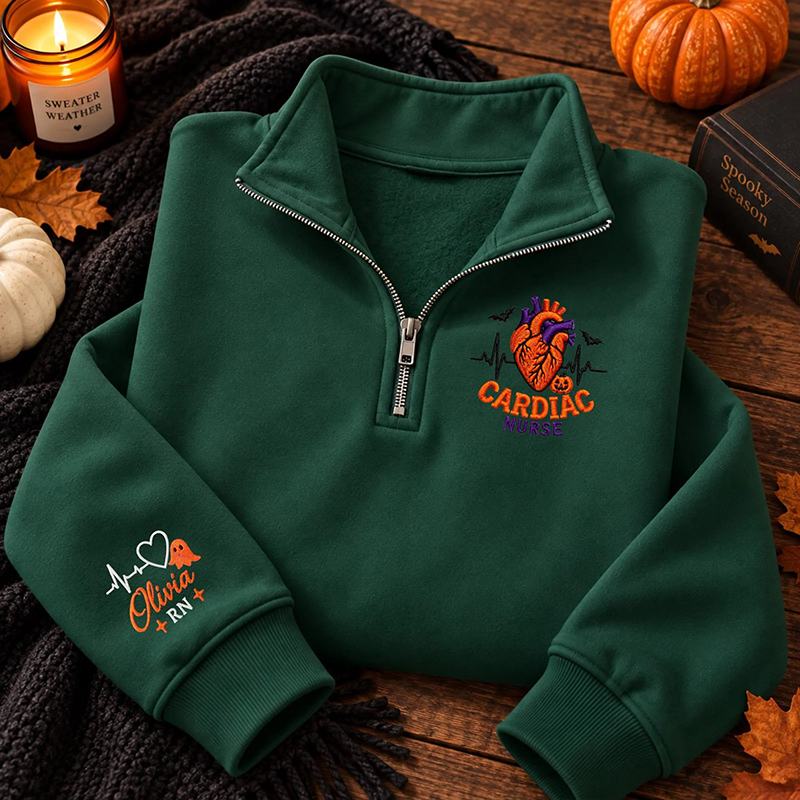 Personalized Halloween Heart Embroidered Quarter Zip Sweatshirt