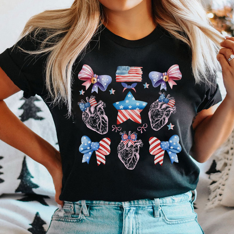 American Flag Bow Star And Heart Nurse T-Shirt