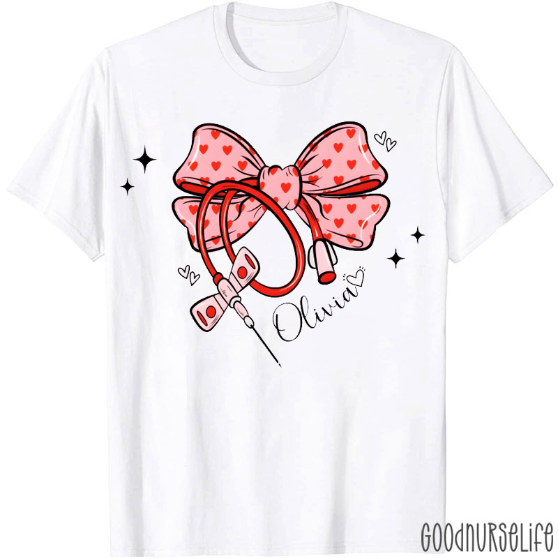 Personalized Valentine's Phlebotomy Pink Bow Tie T-shirt