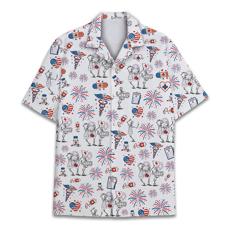 Skeleton Medical Caduceus Firework Nurse Short Sleeve Shirt