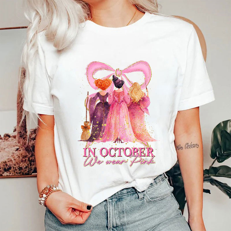 October Pink Witch Bow Breast Cancer Awareness Nurse T-Shirt