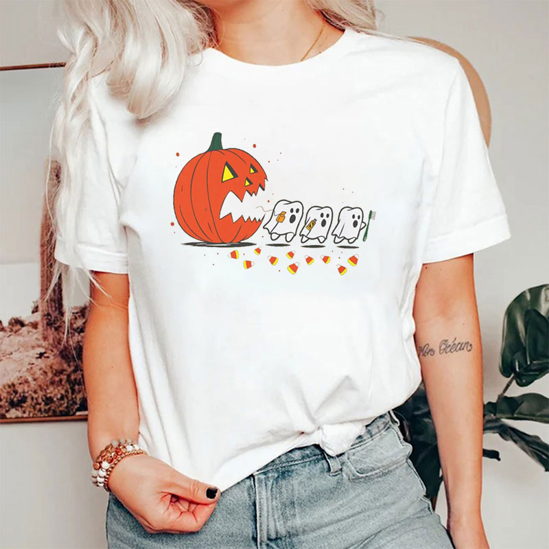 Halloween Pumpkin Chasing Tooth Ghosts T-Shirt