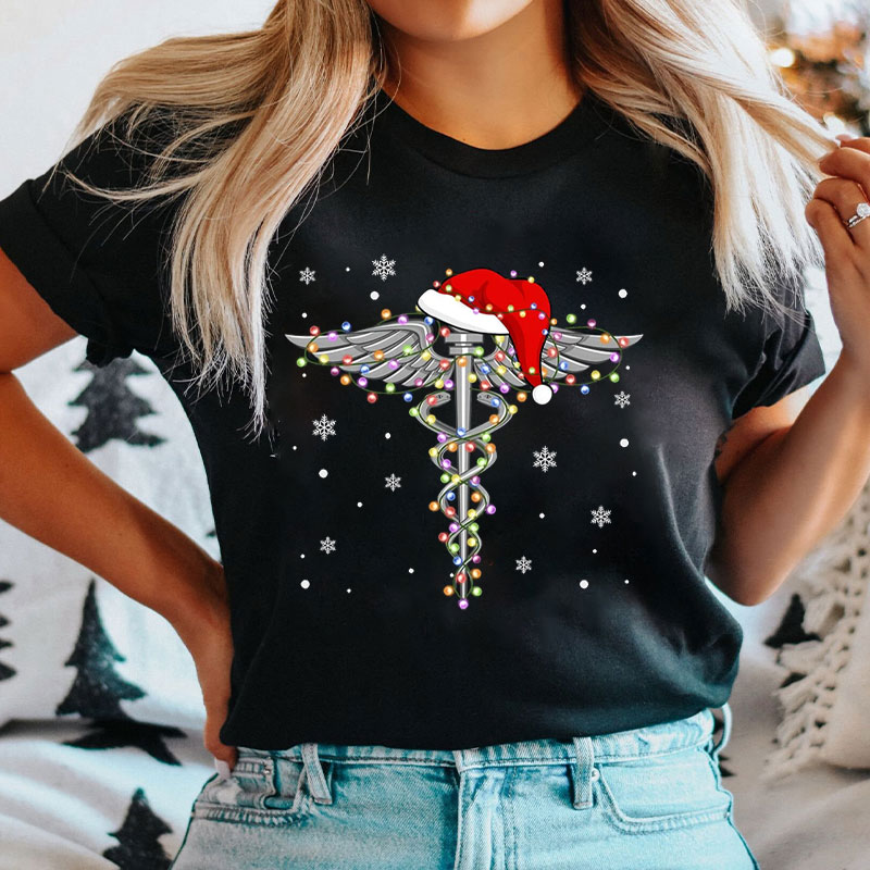 Festive Caduceus With Santa Hat Nurse T-Shirt