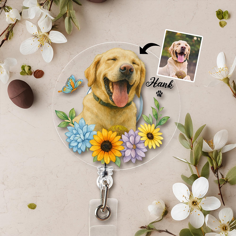 Personalized Pet Portrait Flowers Nurse Badge Reel