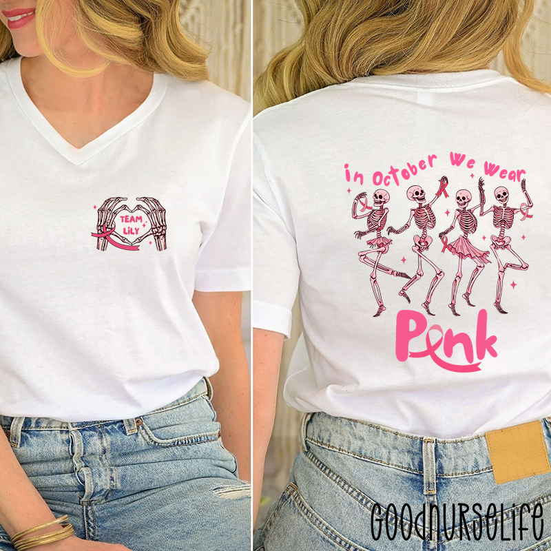 Personalized Dancing Skeletons For Breast Cancer Awareness Nurse Female V-Neck Two Sided T-Shirt