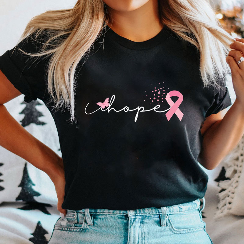 Hope With Pink Ribbon And Butterfly Nurse T-Shirt