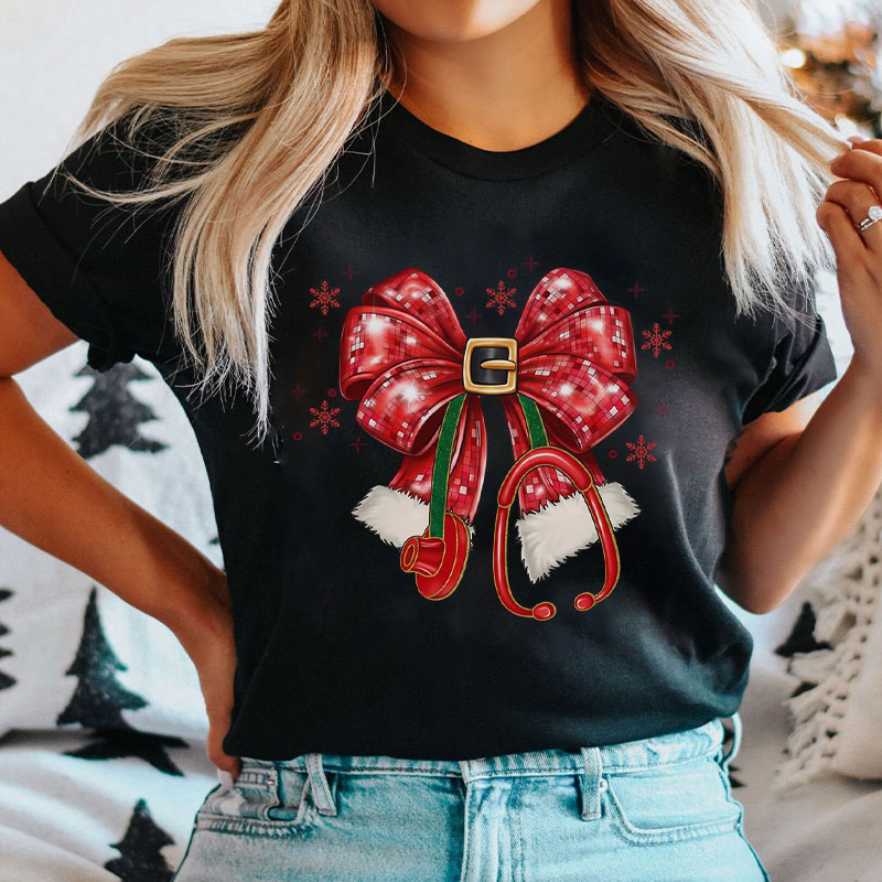 Sparkly Bow And Stethoscope Santa Inspired Nurse T-Shirt