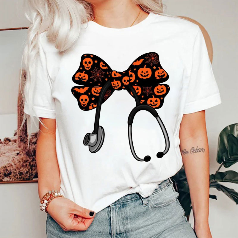 Bowknot Pumpkin Halloween Stethoscope Nurses T-Shirt