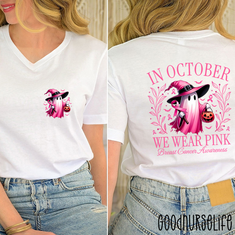 Halloween Beautifully Ghost Picture Breast Cancer Awareness Female V-Neck Two Sided T-Shirt