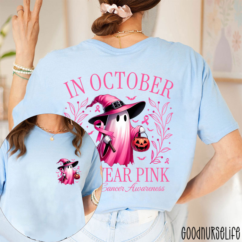 Halloween Beautifully Ghost Picture Breast Cancer Awareness Two Sided T-Shirt