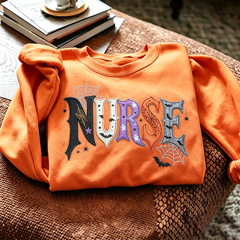 Halloween Spider Web Patchwork Embroidered Nurse Sweatshirt