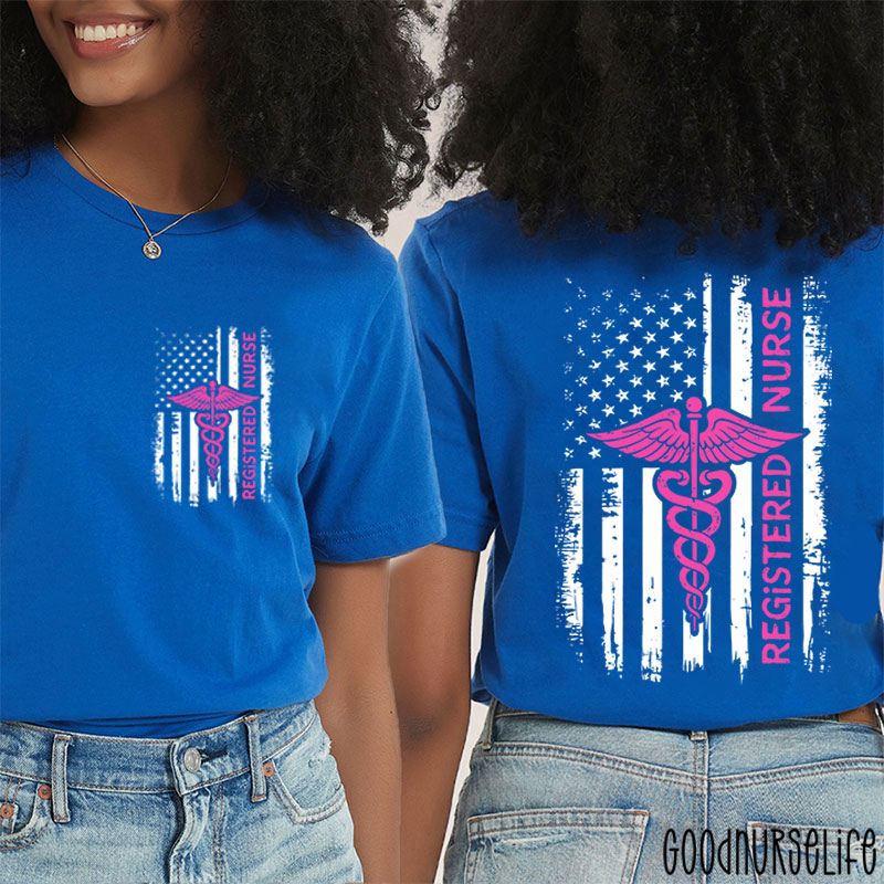 USA Flag Patriotic Registered Nurse American Flag Two Sided T-Shirt