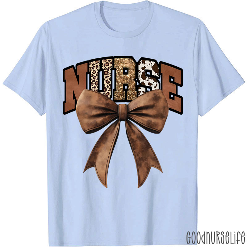 Western Gold Glitter Brown Leather Bow Nurse T-Shirt