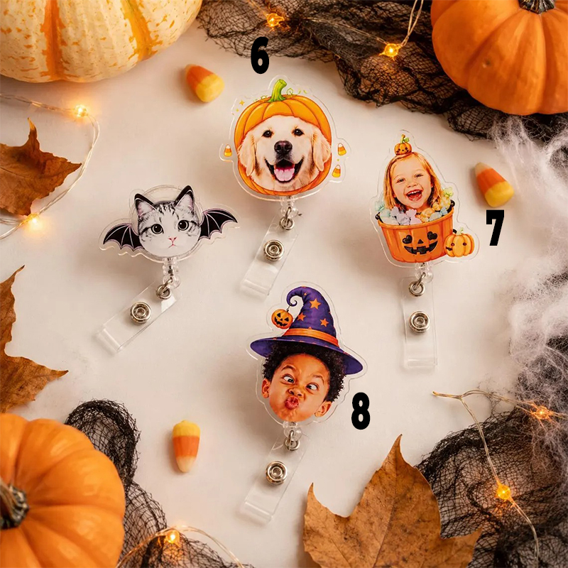 Personalized Photo Halloween Pumpkin Bat Witch Hat Nurse Badge Reel