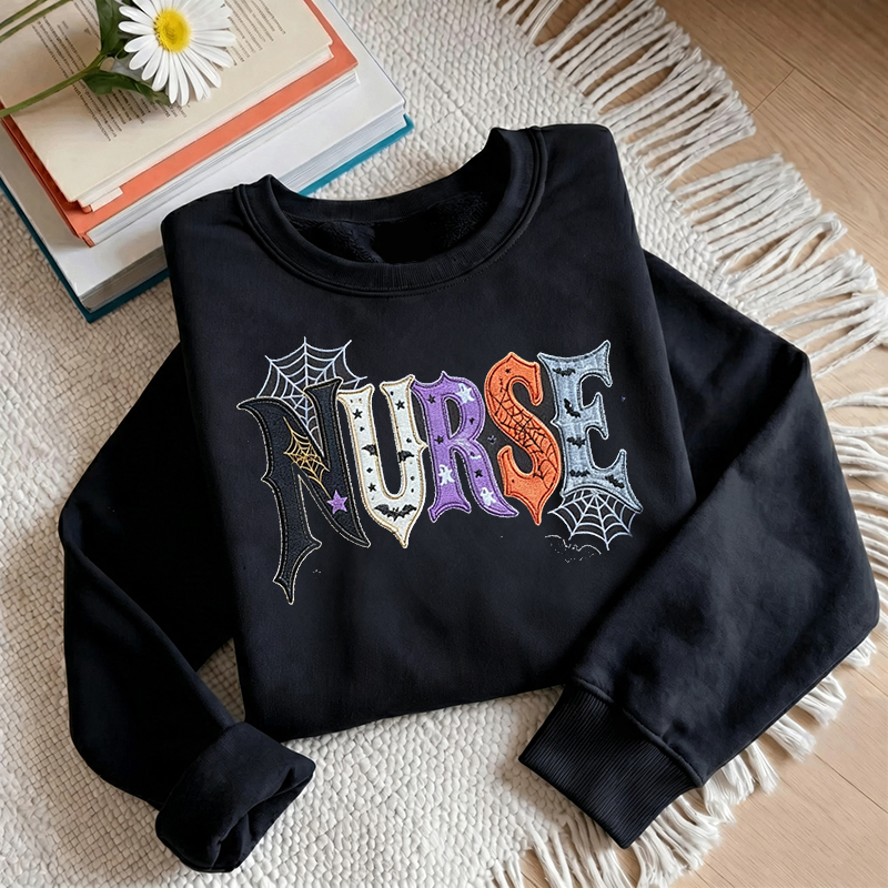 Halloween Spider Web Patchwork Embroidered Nurse Sweatshirt