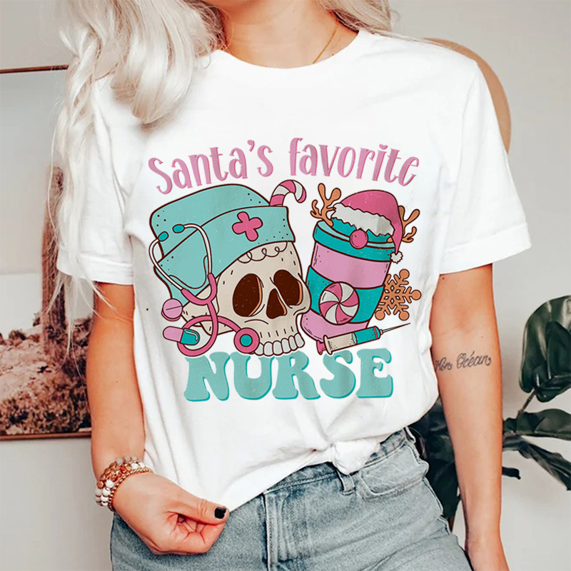 Santa's Favorite Nurse Skeleton Christmas T-Shirt