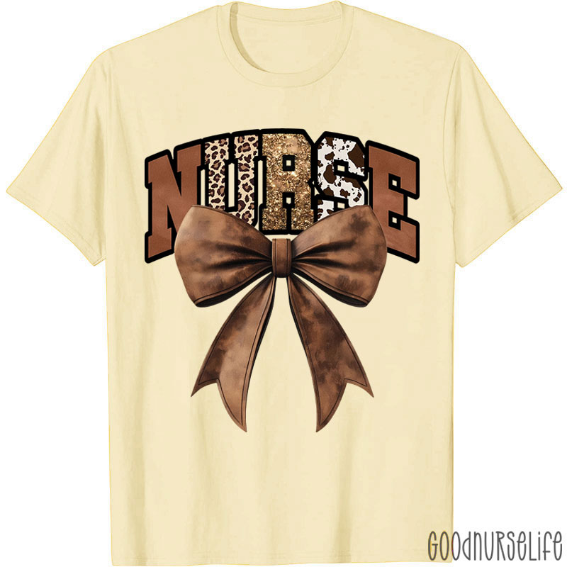 Western Gold Glitter Brown Leather Bow Nurse T-Shirt