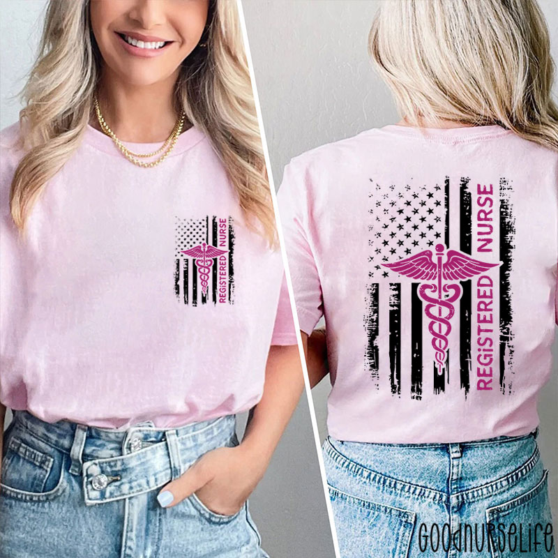 USA Flag Patriotic Registered Nurse American Flag Two Sided T-Shirt