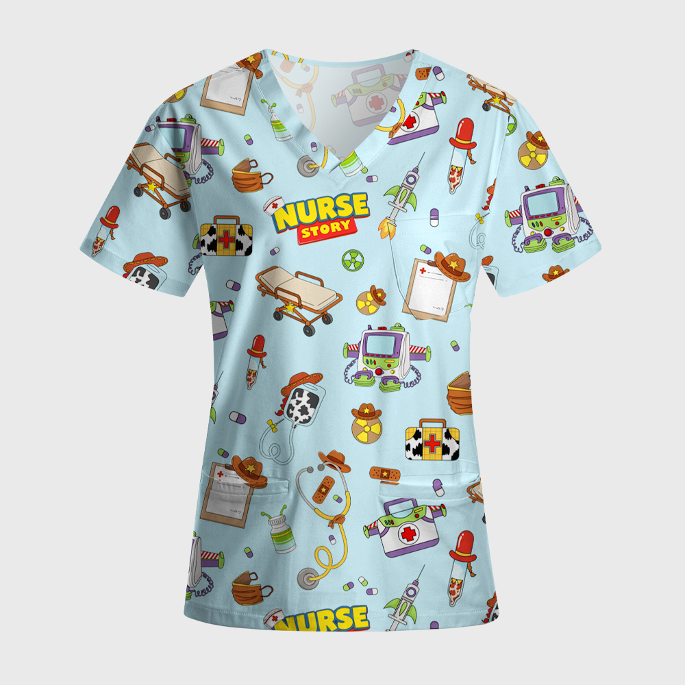 Cartoon Medical Equipment Print Nurse Scrub Set