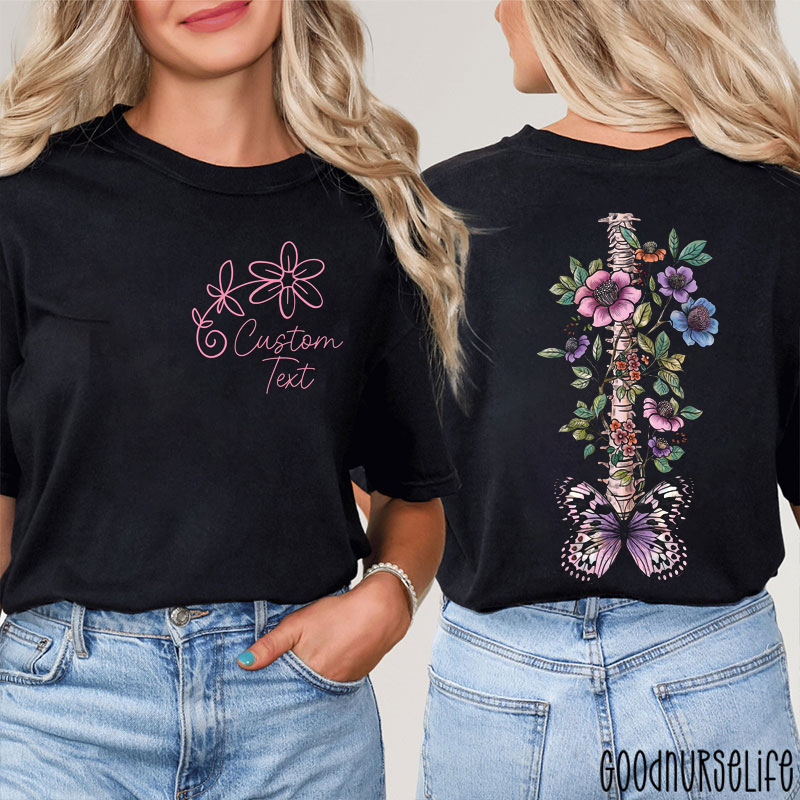 Personalized Name Spine Flower Nurse Two Sided T-Shirt