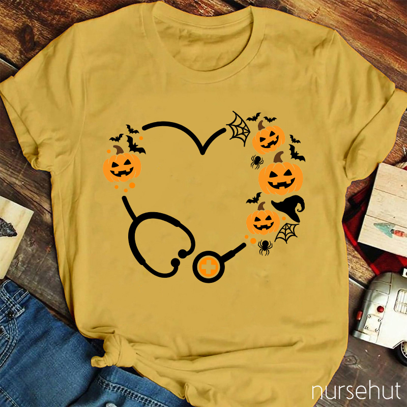 Halloween Pumpkin Stethoscope Heart Nurse T-Shirt