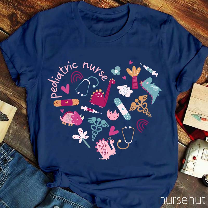 Cartoon Dinosaur Turtle Giraffe Pediatric Registered Nurse T-Shirt