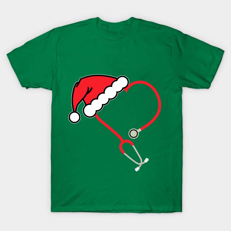 Heart Shaped Stethoscope With Santa Hat Nurse T-Shirt