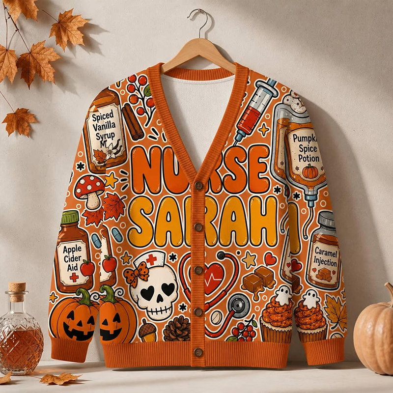 Personalized Autumn Fall Nurse Skull Syringe Pumpkin Maple Leaf Ugly Cardigan Sweaters